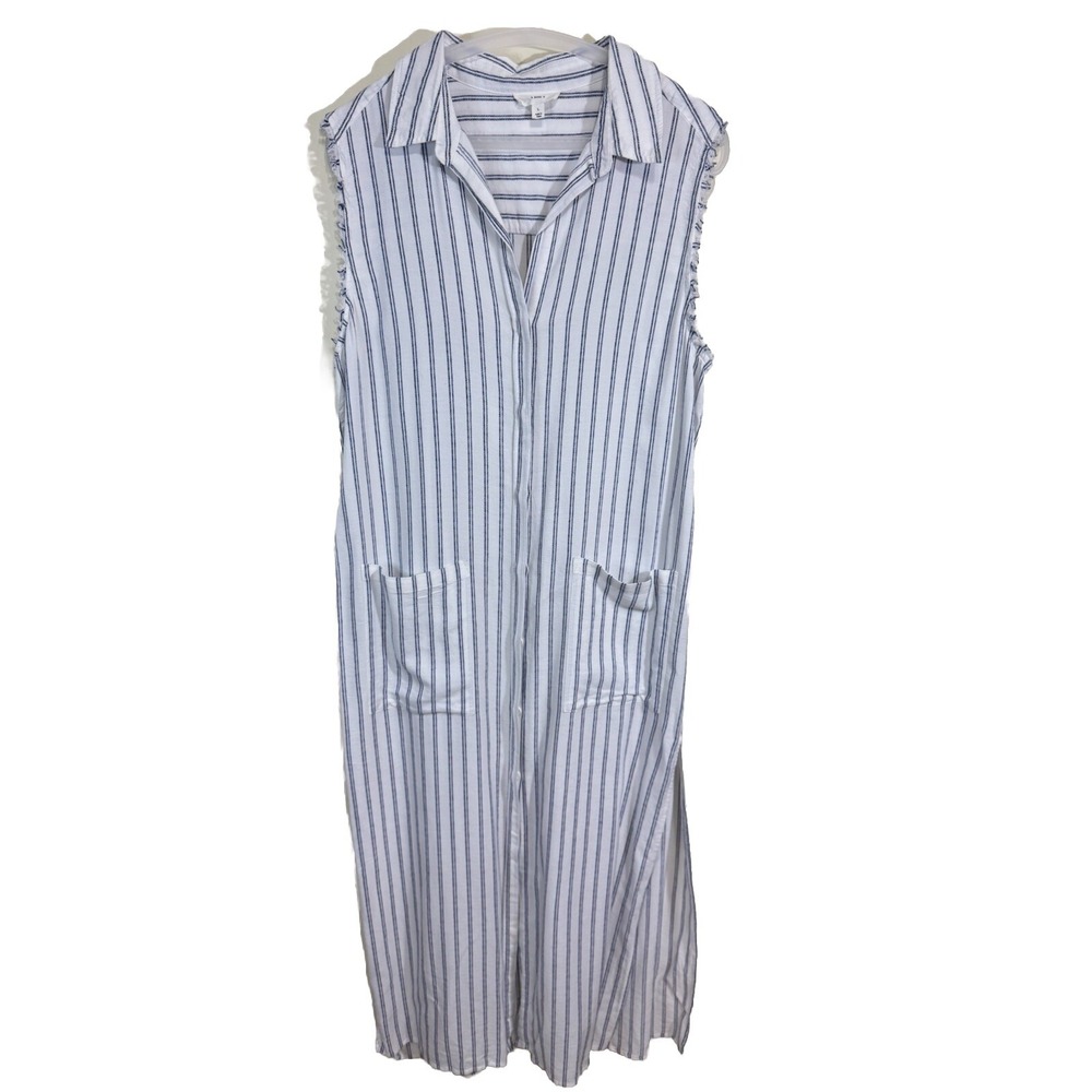A Loves A Size Large Duster Shirt White Blue Stripe Button Sleeveless Beach
